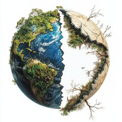 A globe sliced in two on a white background, one side alive with nature beauty, the other decayed by extreme weather, rising seas, and environmental degradation