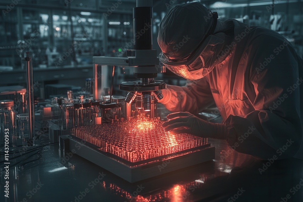 Poster a scientist examines samples under a microscope in a high-tech laboratory environment, illuminated b