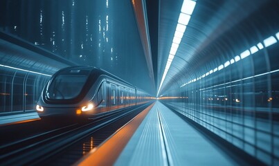 A futuristic train speeding through a modern underground station illuminated by blue lights.