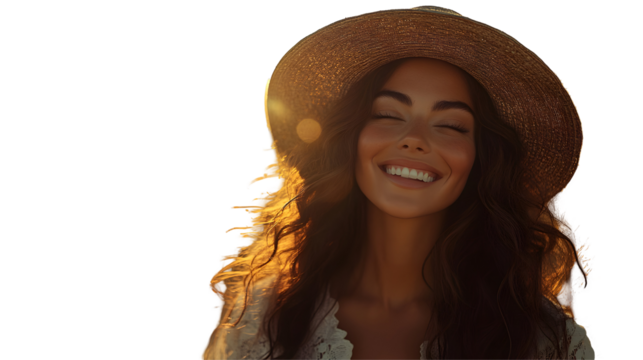 Woman Smiles in Golden Wheat Field, Wearing a Straw Hat, at Sunset, Golden Hour, Tranquil Scene, Transparent Background. - Powered by Adobe