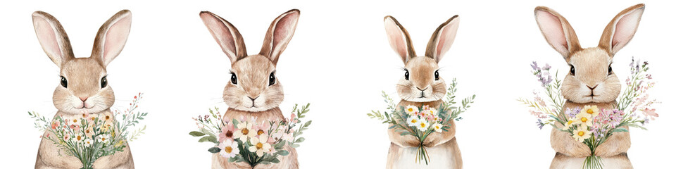 Obraz premium Charming of cute rabbits or hares holding delicate floral bouquets in a lush natural springtime setting with flowers greenery and a soft dreamy aesthetic