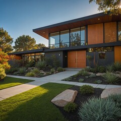 A mid-century modern home with clean lines and vibrant landscaping.