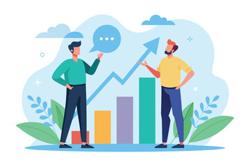 Two men are engaged in discussion about a graph showing flat growth, set in a contemporary environment Two men talking about a flat growth graph illustration.