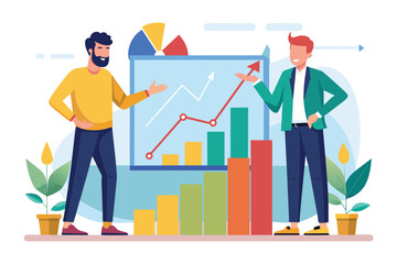 Two men engage in a discussion about a flat growth graph, analyzing key trends and insights Two men talking about a flat growth graph illustration.