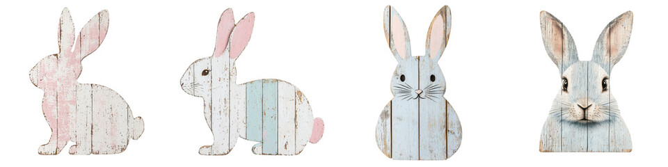 Fototapeta premium Vintage Wooden Rabbit Wall Art for Pastoral Countryside Scenes Rustic Bunny Figures Made from Distressed Wooden Planks for Farmhouse Cottage or Nature Inspired Home Decor