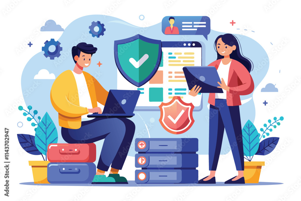 Poster two professionals are working together to create a new security system using laptops and digital too