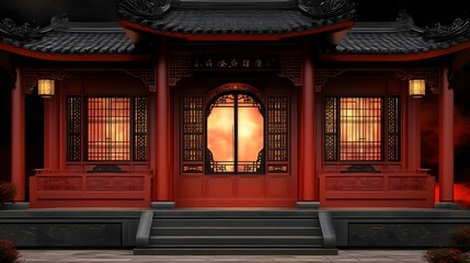 Illuminated red Chinese temple at night.