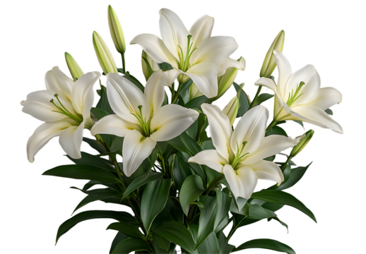 White Lilies Bouquet, Elegant Flowers, Isolated on Transparent Background