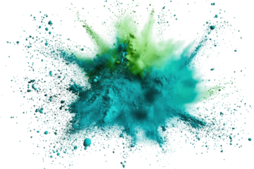 a vibrant explosion of blue and green powder against a transparent background the powder is dispersed in a chaotic pattern. creating a dynamic and energetic visual
