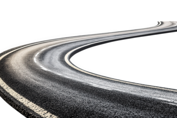 a winding asphalt road with yellow lane markings curves to the right against a transparent background