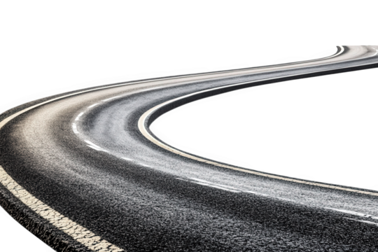 a winding asphalt road with yellow lane markings curves to the right against a transparent background