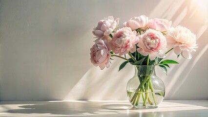 Fototapeta premium A bouquet of pale pink peonies in a clear glass vase, bathed in sunlight
