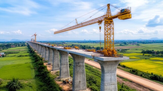 aerial view of a large yellow crane constructing an elevated highway bridge over a scenic rural landscape. the image showcases modern construction and transportation infrastructure.