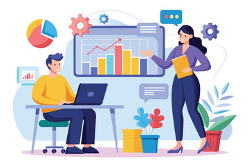 Two individuals discuss data trends while using a laptop and illustrating information visually in a workspace Two people showing data trends with a flat illustration.