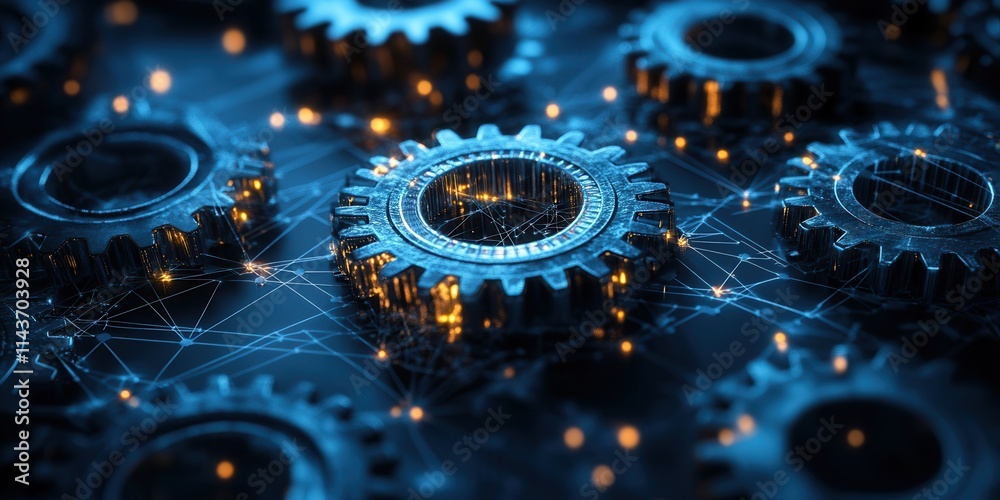 Poster a close-up view of interconnected gears illuminated by blue lights, symbolizing technology, precisio