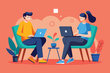 Two people focus on their laptops, collaborating in a bright and cozy indoor space Two people sitting on chairs with laptops, illustrated in a flat style.
