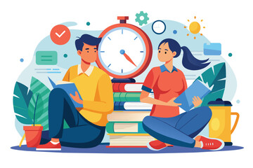 Two individuals study on the floor, surrounded by a clock and books, creating a focused learning vibe Two people sitting on the floor with a clock and stacks of books, flat drawing.