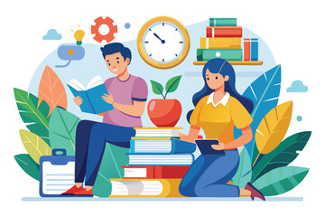 Naklejka premium Two students are engaged in studying, surrounded by books and a clock in a vibrant, inviting atmosphere Two people studying with books and a clock, simple illustration.