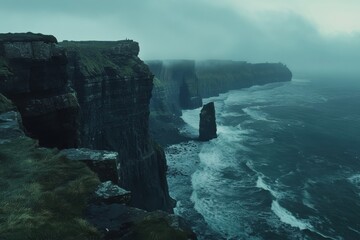 Panoramic view of Cliffs of Moher dramatic coastal landscape towering sea cliffs crashing waves
