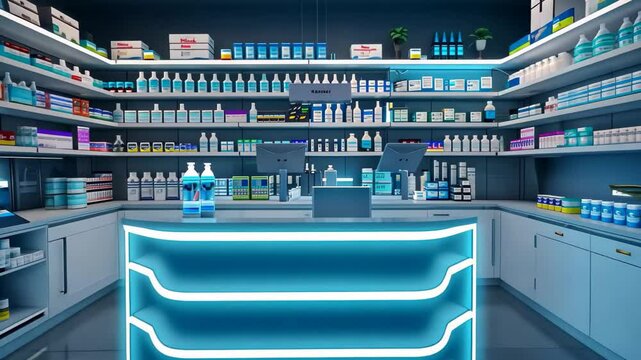 A contemporary pharmacy features illuminated shelves stocked with health and beauty products, creating a vibrant atmosphere during evening hours, enhancing customer experience.