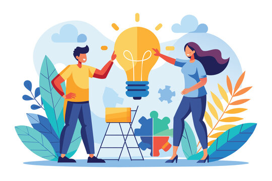 A man and a woman are actively working together to solve a light bulb puzzle in a bright setting Two people solving problems with light bulb puzzle in a flat illustration.