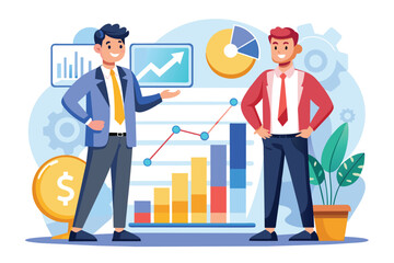 Businessmen engage in a discussion about financial strategies, surrounded by charts and graphs Two successful businessmen with financial operations diagram.