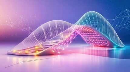 A futuristic, illuminated structure resembling a bridge or wave, showcasing vibrant colors and digital patterns, symbolizing innovation and technology.