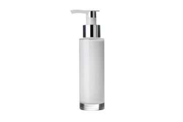 Elegant white cosmetic pump bottle showcasing minimalistic design on a reflective surface