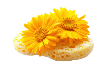 Bright yellow daisies gracefully resting on a natural sponge against a clean white backdrop
