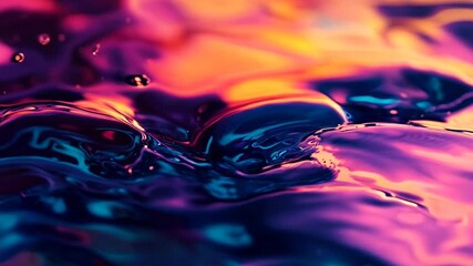 A stunning close-up of vibrant, multicolored liquid in motion, showcasing smooth waves, dynamic ripples, and reflections in glowing pink, orange, and blue hues. Perfect for abstract or artistic themes