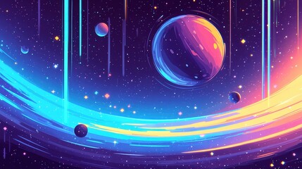 Obraz premium A vibrant digital illustration of a cosmic scene featuring planets and colorful streaks of light against a starry background.