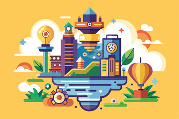 This colorful illustration features a blend of urban architecture and nature under a bright sky Upload image and customize semi-flat illustration.