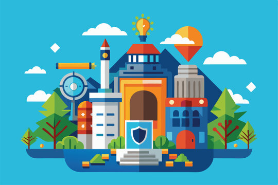 A vibrant representation of a city with iconic structures, greenery, and a bright sky highlighting creativity Upload image and customize semi-flat illustration.