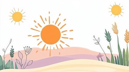 A vibrant, minimalist illustration featuring a large sun and various plants against a soft landscape, evoking feelings of warmth and nature.