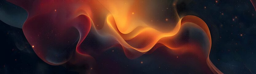 Fluid, swirling forms in fiery orange and deep red hues against a dark, starlit backdrop. Abstract cosmic art with textured waves.