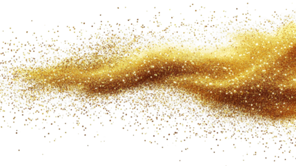 a stream of shimmering gold glitter bursts across a transparent background the glitter is a fine powder and forms a wavy shape