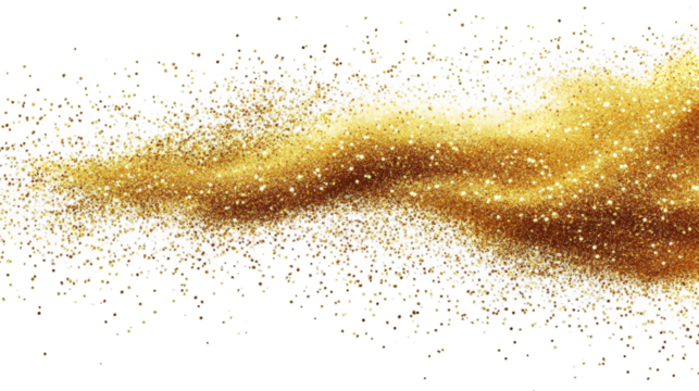 a stream of shimmering gold glitter bursts across a transparent background the glitter is a fine powder and forms a wavy shape