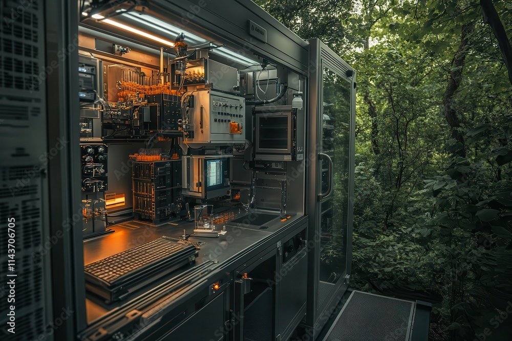 Poster a futuristic tech setup integrated into a lush forest, blending nature and technology, showcasing in