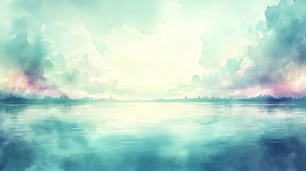 A serene watercolor landscape depicting a tranquil body of water reflecting soft pastel colors and clouds, evoking a sense of calm and peacefulness.