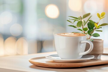 Fototapeta premium A cozy cup of coffee sits on a wooden tray beside a small plant, with a blurred background creating a warm, inviting atmosphere.