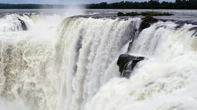 Mesmerizing powerful waterfall flow at rim of Iguazu Falls, Argentina