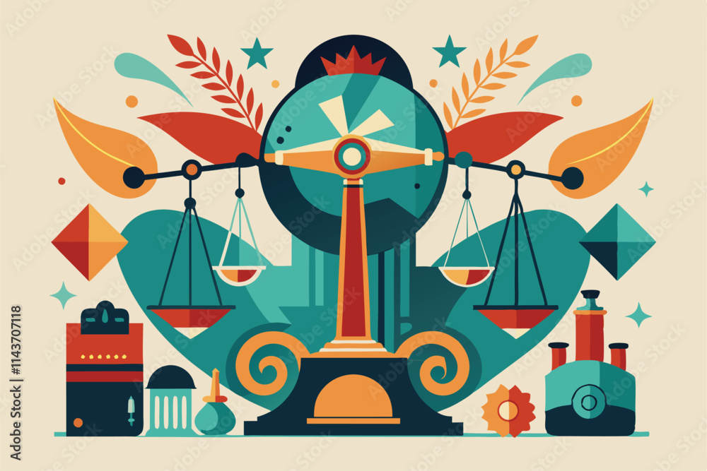 Poster this artwork showcases a colorful interpretation of imbalanced scales surrounded by dynamic patterns