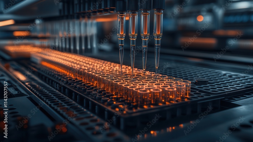 Aufkleber a high-tech laboratory scene with precision pipettes dispensing liquids into a tray, showcasing adva