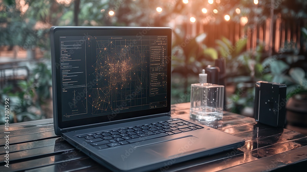 Poster a sleek laptop displays a data visualization amidst a lush outdoor setting, complemented by a stylis