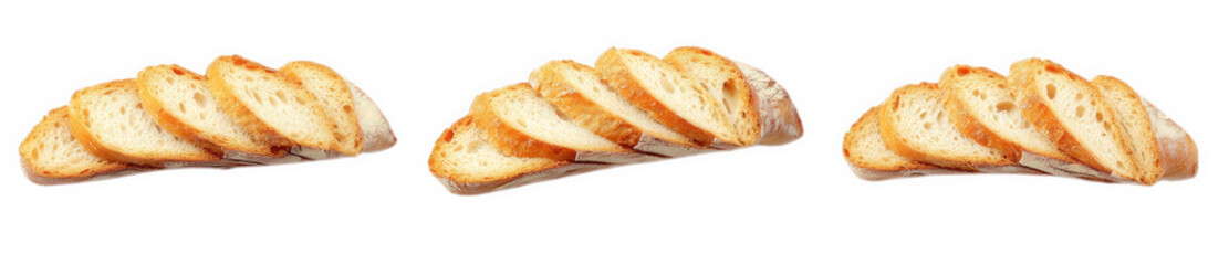three slices of freshly baked bread isolated on a transparent background the bread is sliced into thin pieces and arranged in a row the slices are slightly browned and have a soft texture