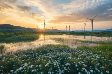Serene wetland landscape sunset over marshland reflective water lush green vegetation