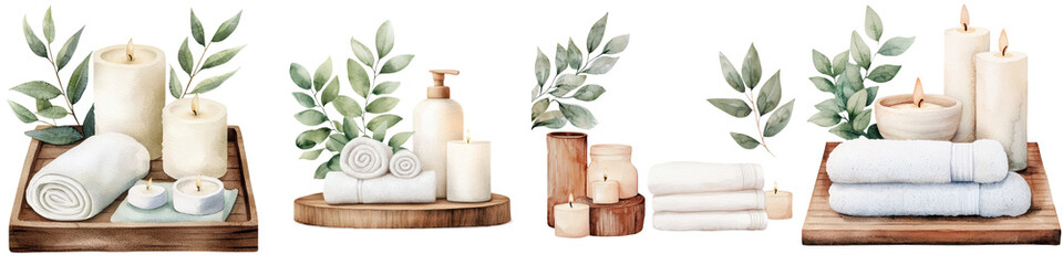 Luxury spa inspired aromatherapy candles natural green leaves and botanical accents plush towels and soothing self care products for a peaceful relaxing and tranquil bathroom or home sanctuary