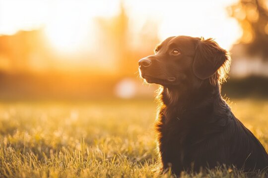 Silhouette of a dog at sunset golden sun grassy field backlit canine profile atmospheric dusk