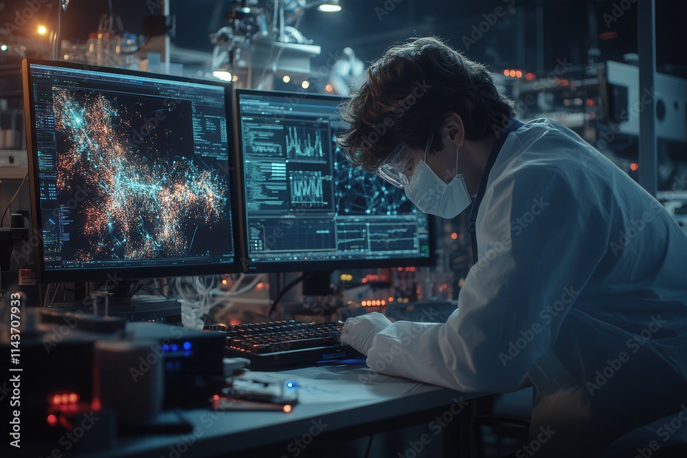 Poster a focused scientist analyzes complex data on multiple screens in a modern lab, wearing a mask and im