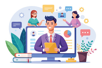 Fototapeta premium This creative illustration highlights an engaging webinar, emphasizing interaction and learning Webinar with flat illustration.